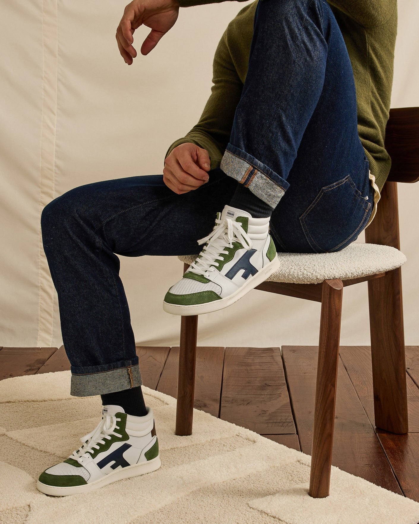 Baskets montantes blanches & kaki cuir - HAZEL MID