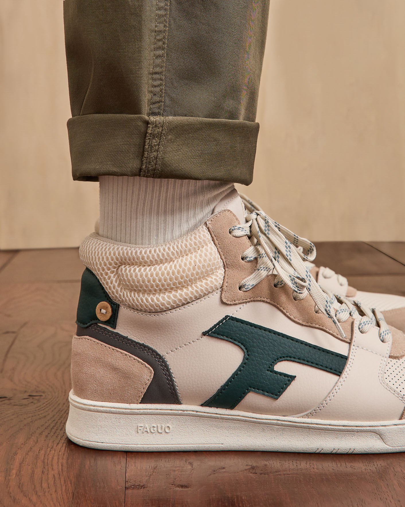 Baskets montantes crème & vert clair cuir - HAZEL MID