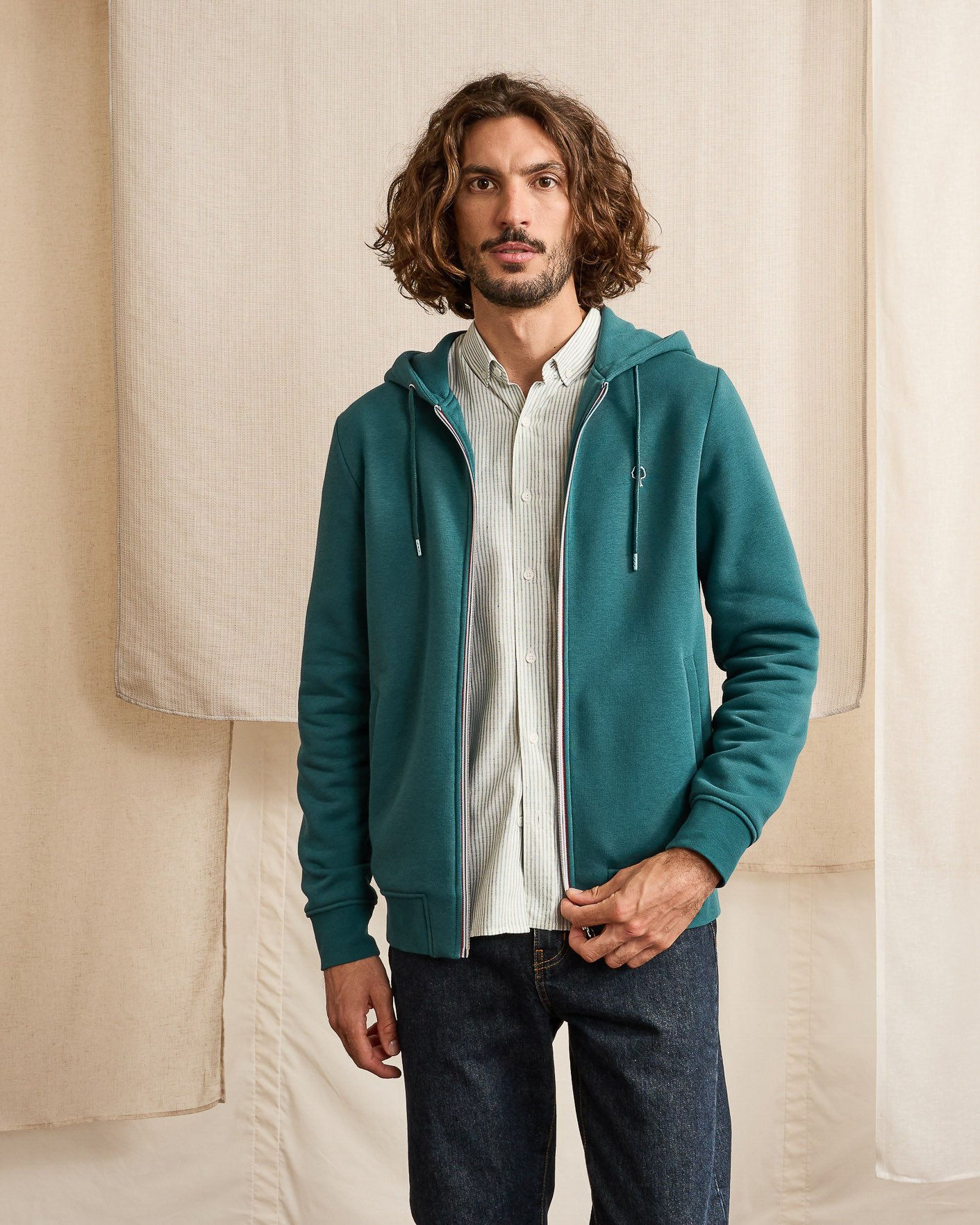 Sweat zippé vert sapin coton - MESNIL