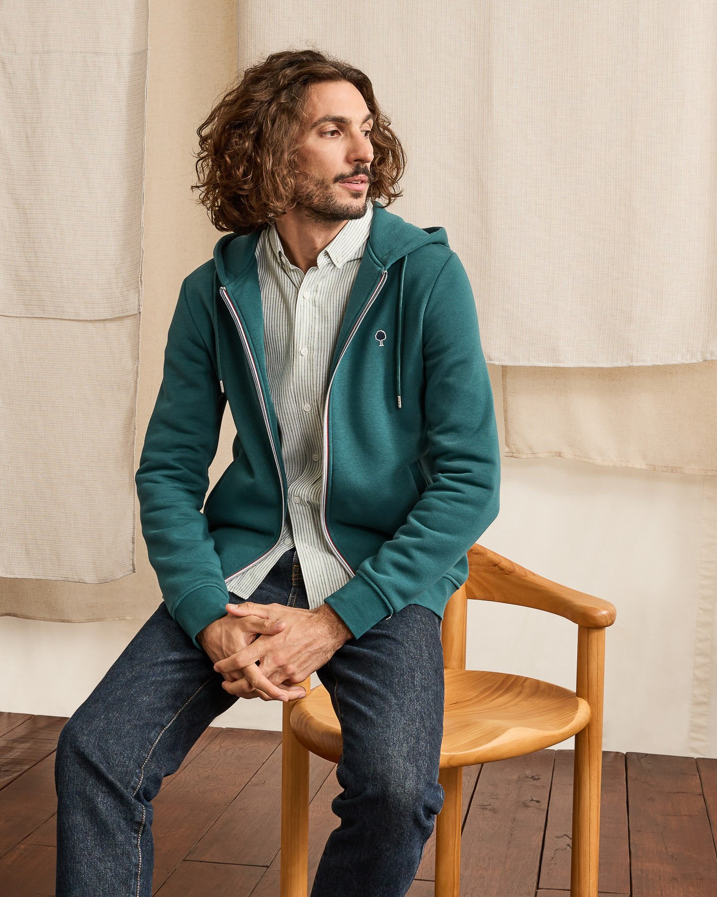 Sweat zippé vert sapin coton - MESNIL