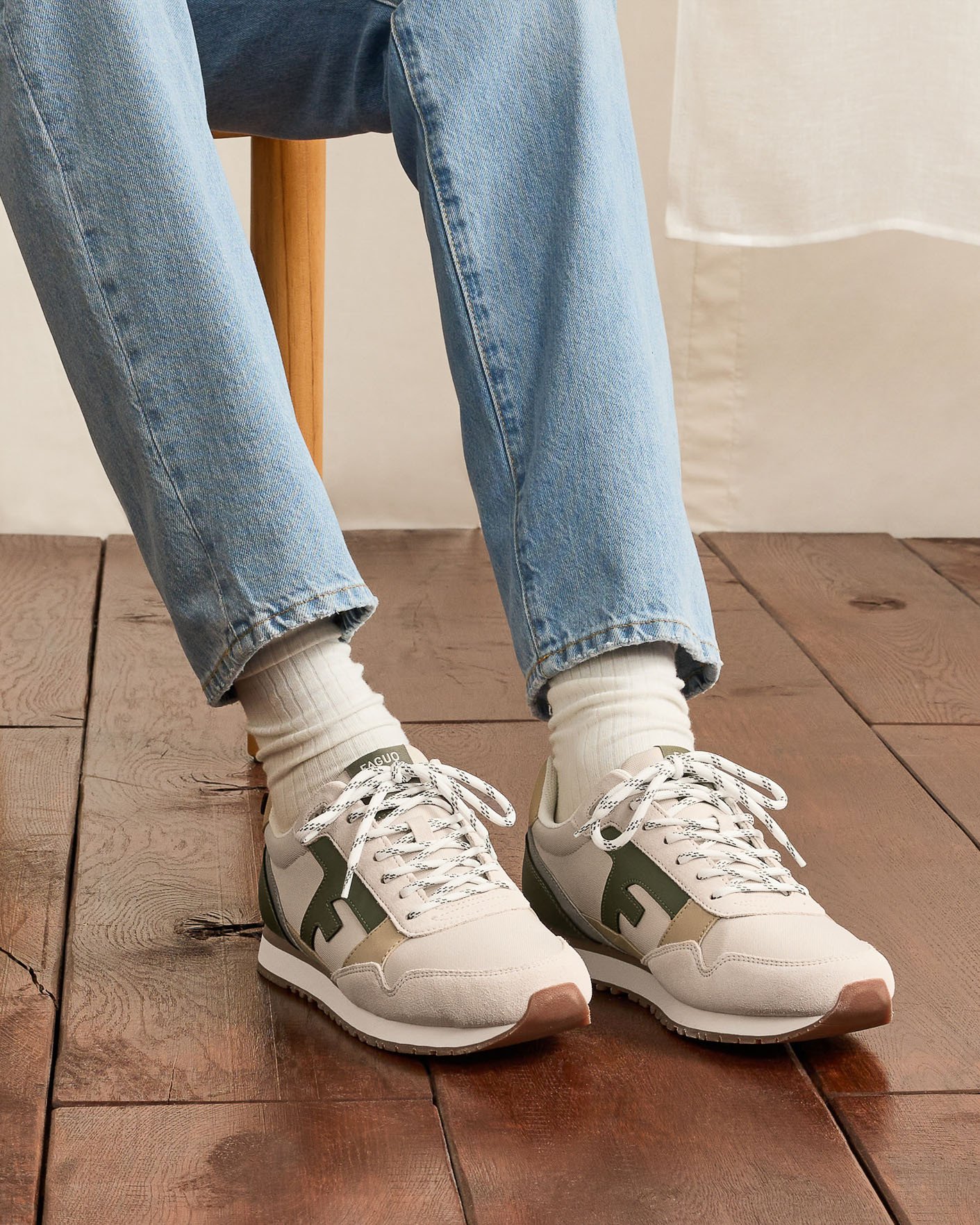 Baskets écrues & kaki cuir - ELM