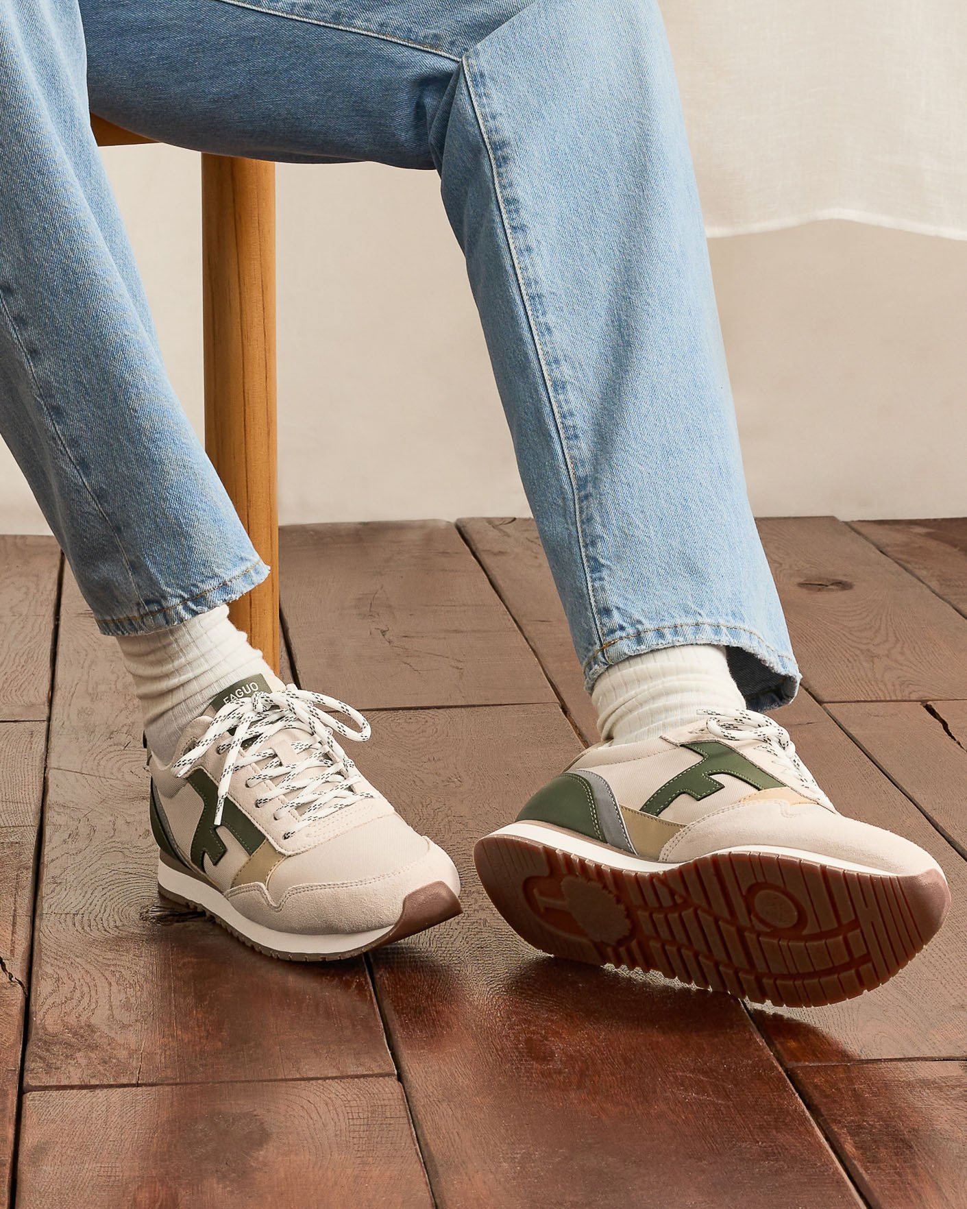 Baskets écrues & kaki cuir - ELM