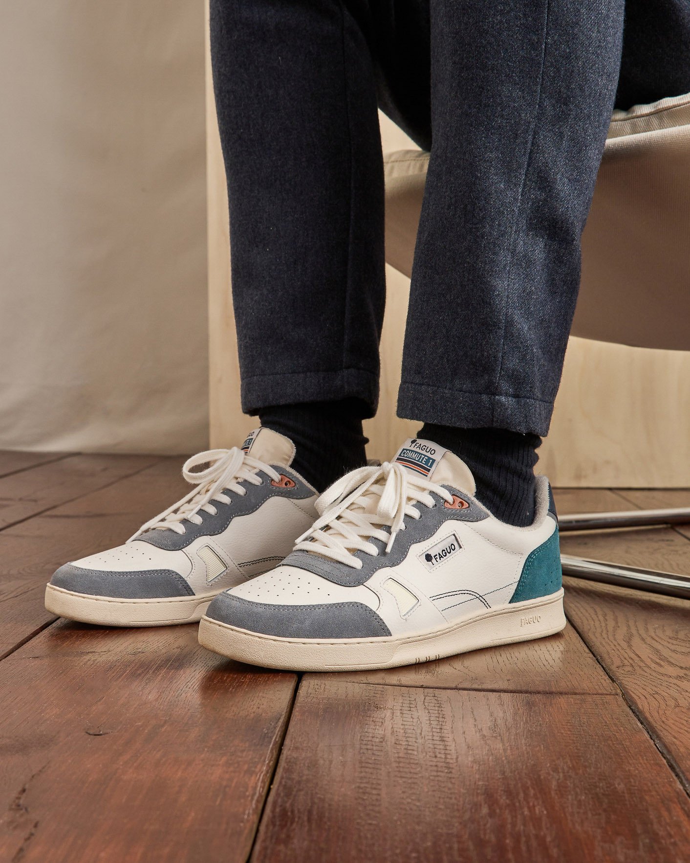 Baskets crème & vert clair cuir & suède - COMMUTE 1