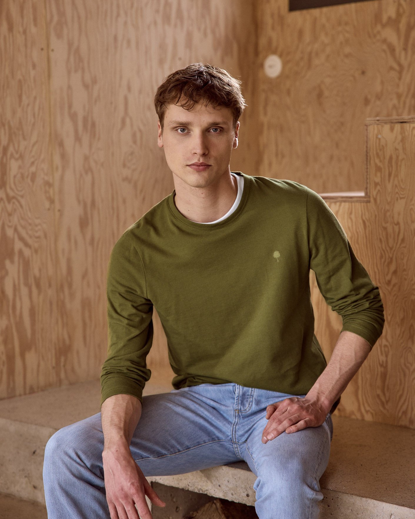 T-shirt manches longues vert olive foncé coton - BAILLY