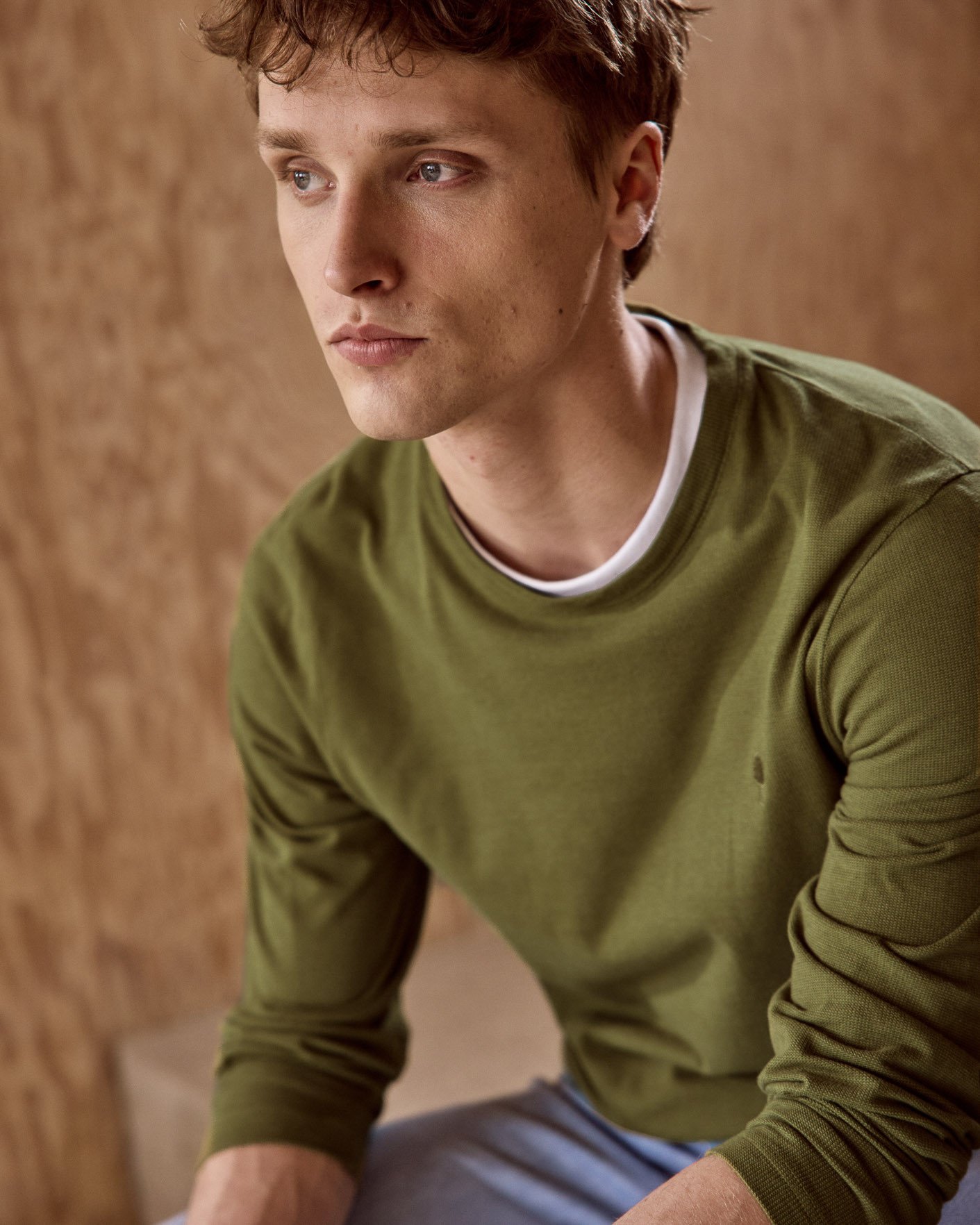 T-shirt manches longues vert olive foncé coton - BAILLY