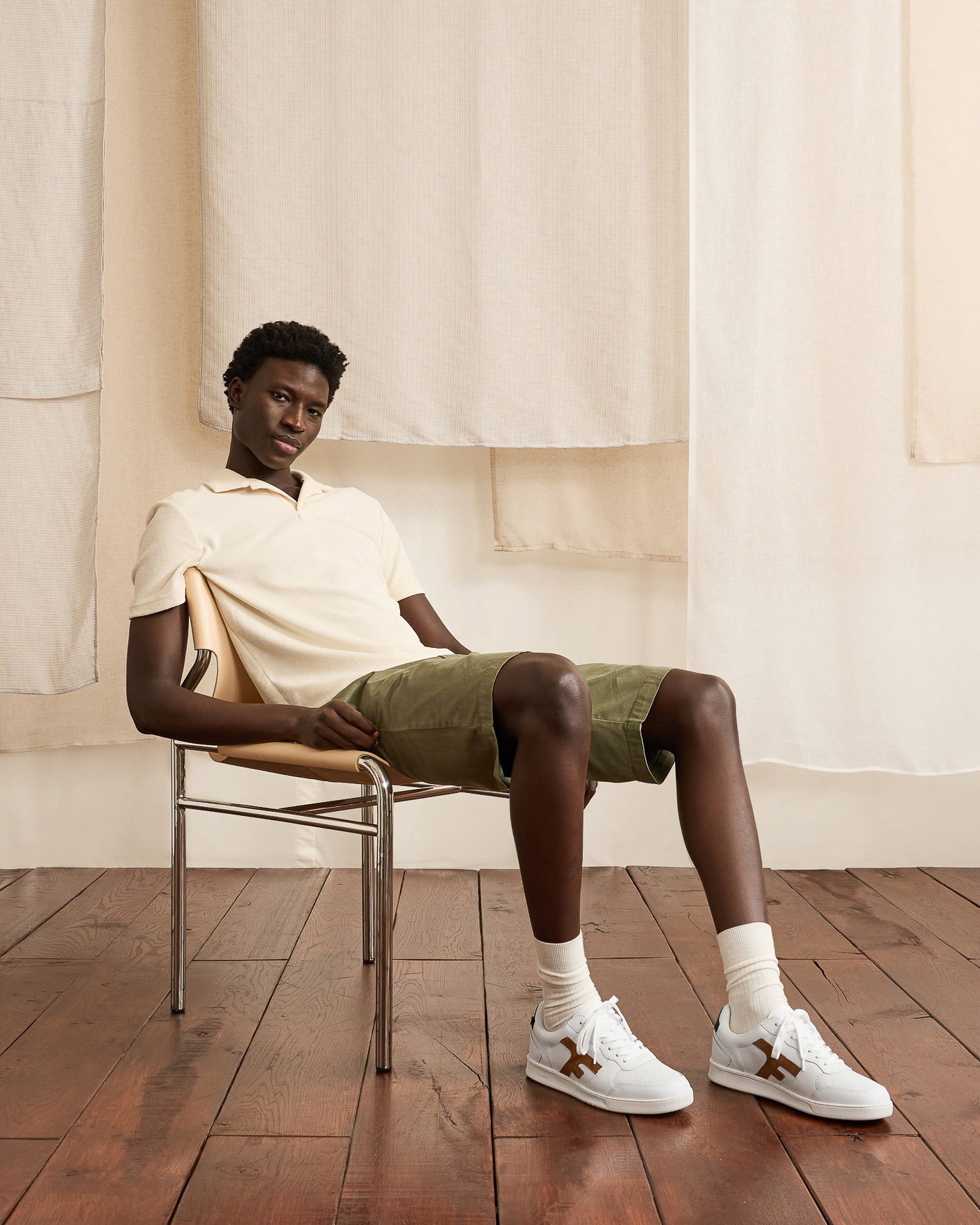 Baskets blanches, bleu marine & marron cuir - HAZEL