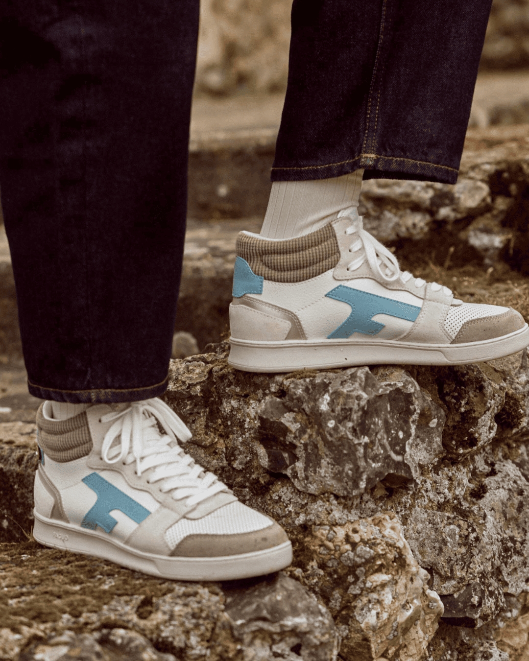 Baskets montantes blanches & marron clair cuir - HAZEL MID