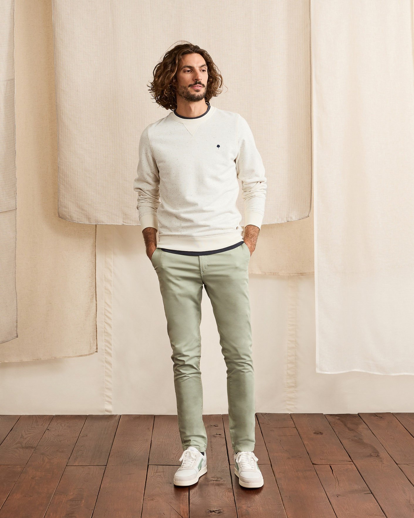 Sweat col rond écru & bleu marine coton - DONON