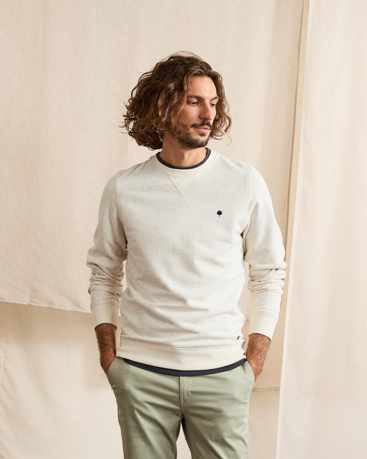 Sweat col rond écru & bleu marine coton - DONON