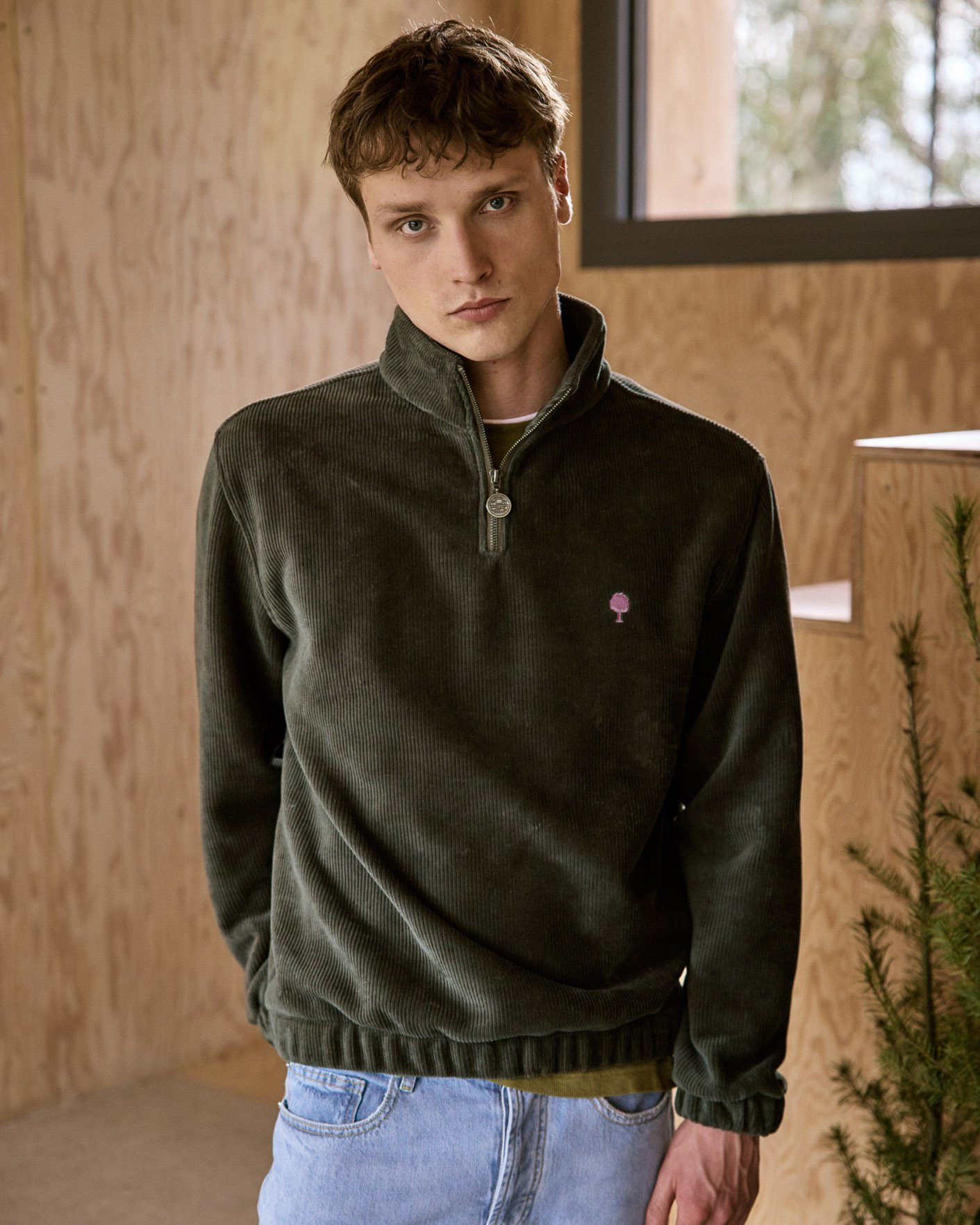 Sweat zippé vert olive foncé coton et tencel - AMBOISE