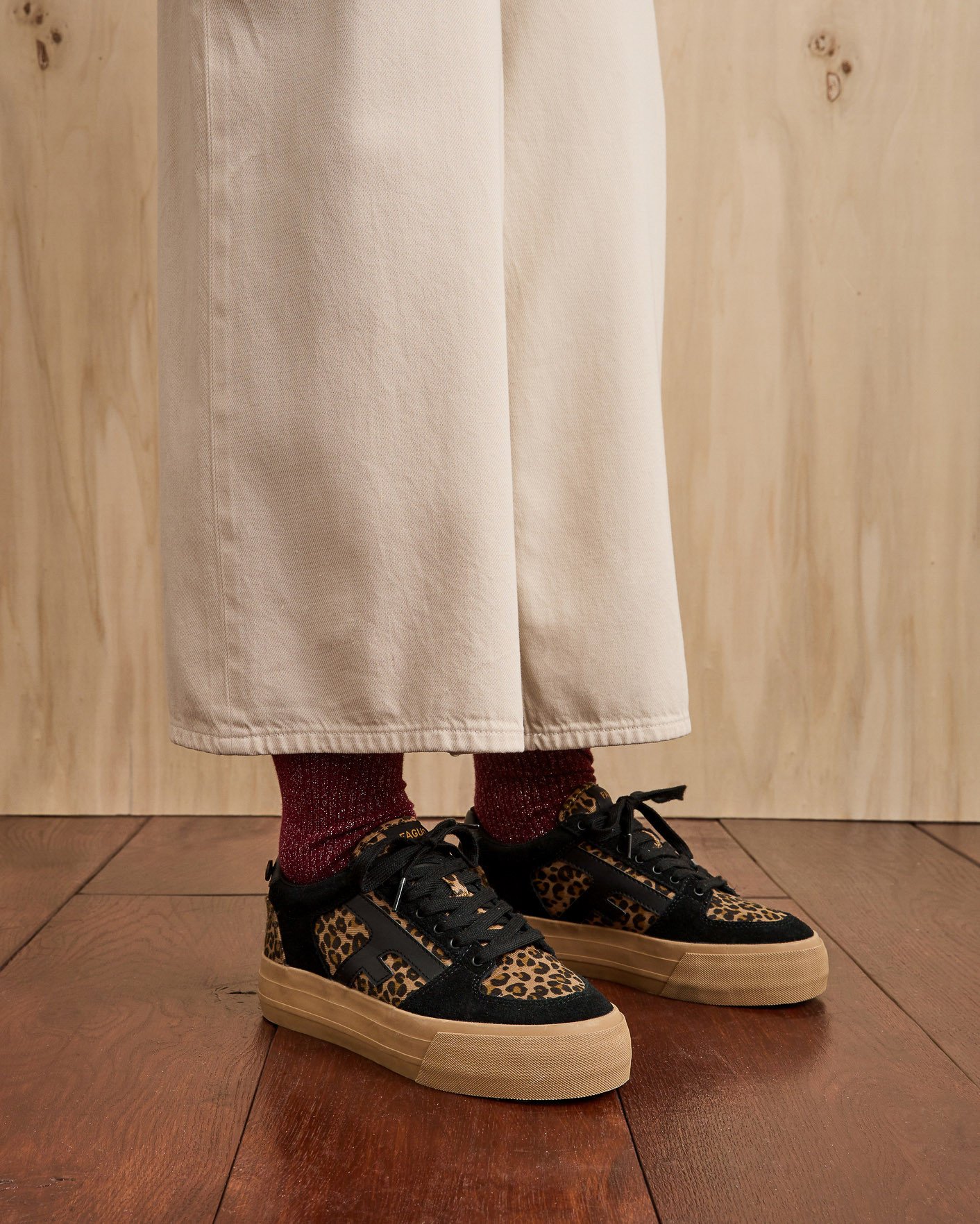 Baskets en velours noir & léopard suède - WALNUT PLATFORM
