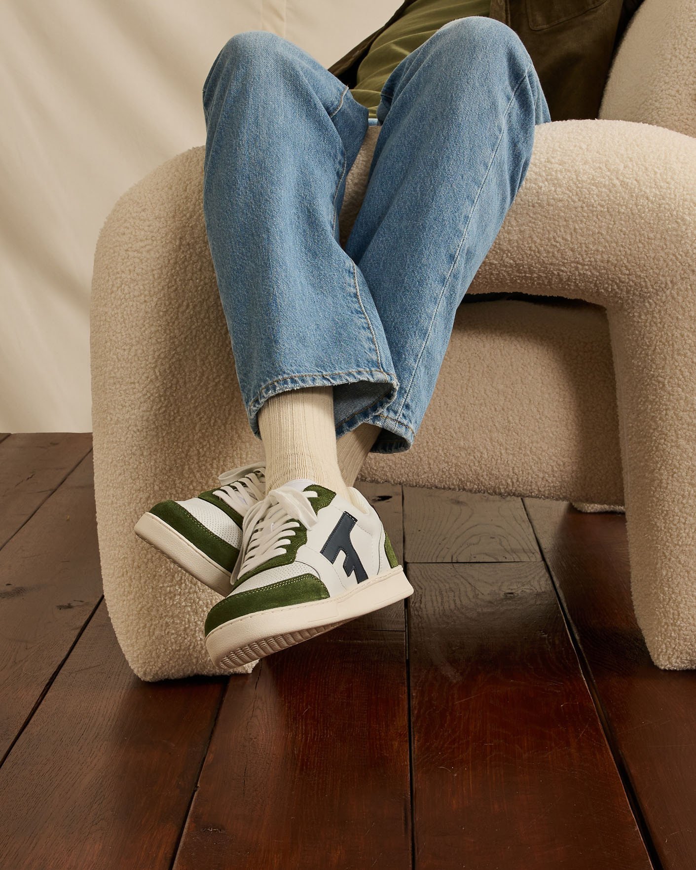 Baskets blanches & kaki foncé cuir - HAZEL