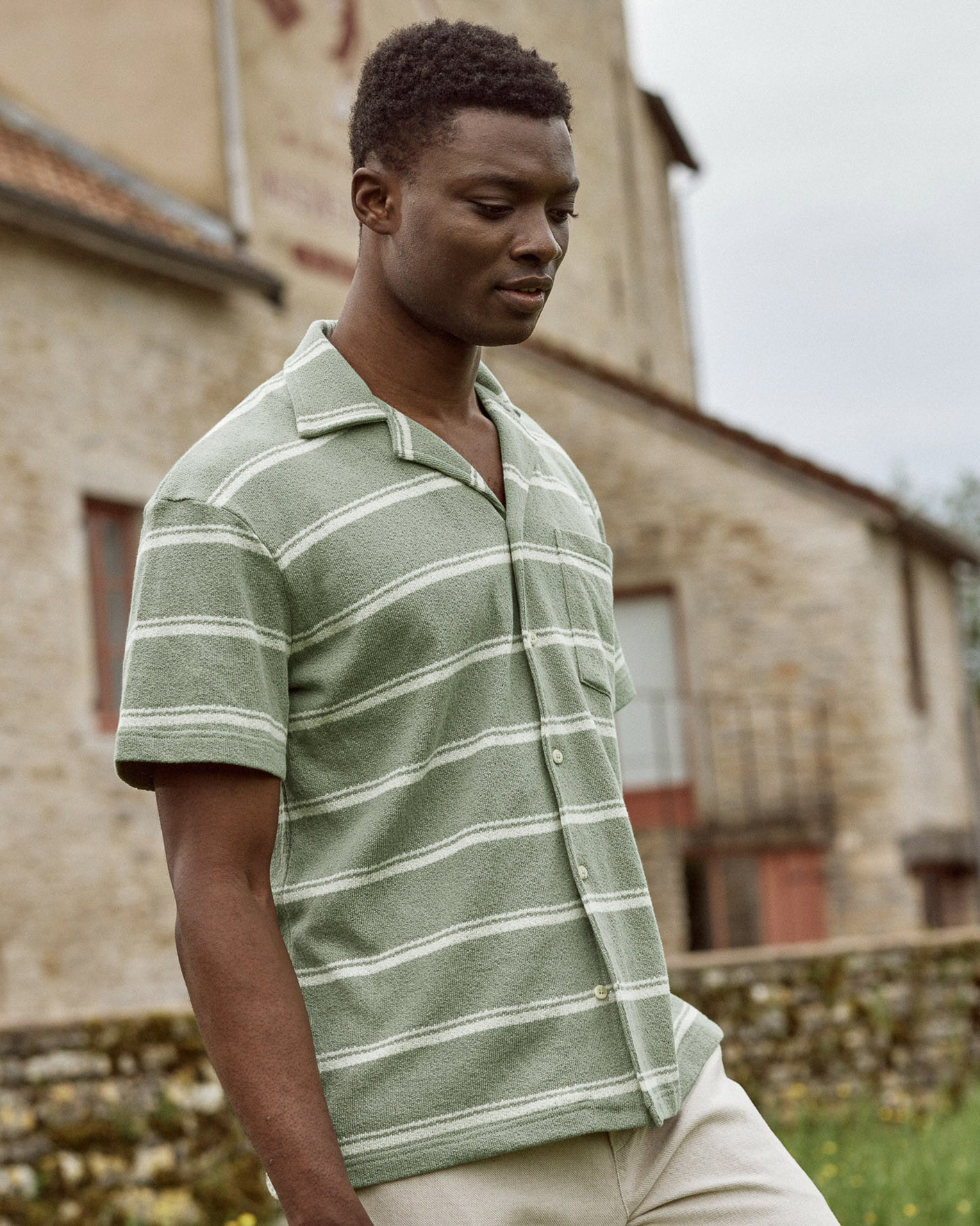 Chemise rayée kaki & écrue coton - PAIOLIVE