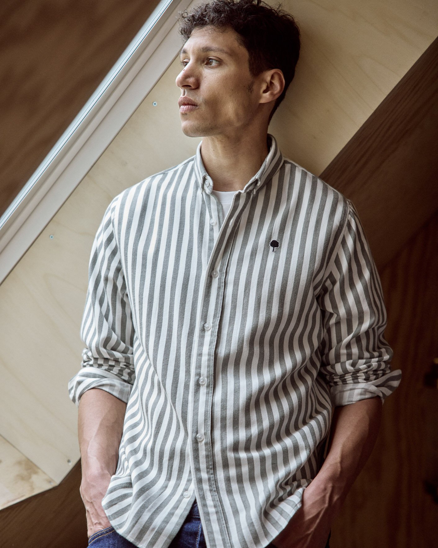 Chemise rayée vert foncé & écrue coton - IVOY