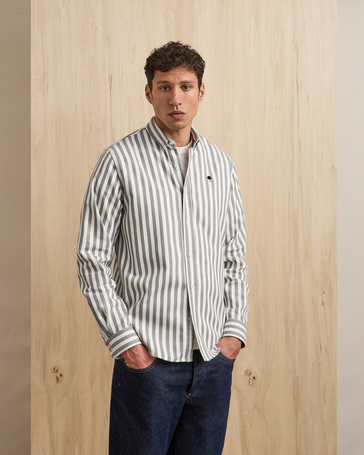 Chemise rayée vert foncé & écrue coton - IVOY