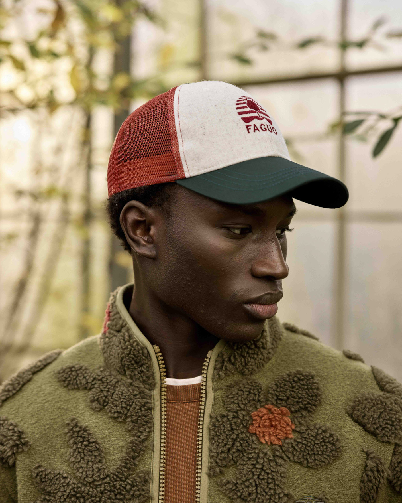 Casquette vert foncé & orange laine - TRUCKER CAP