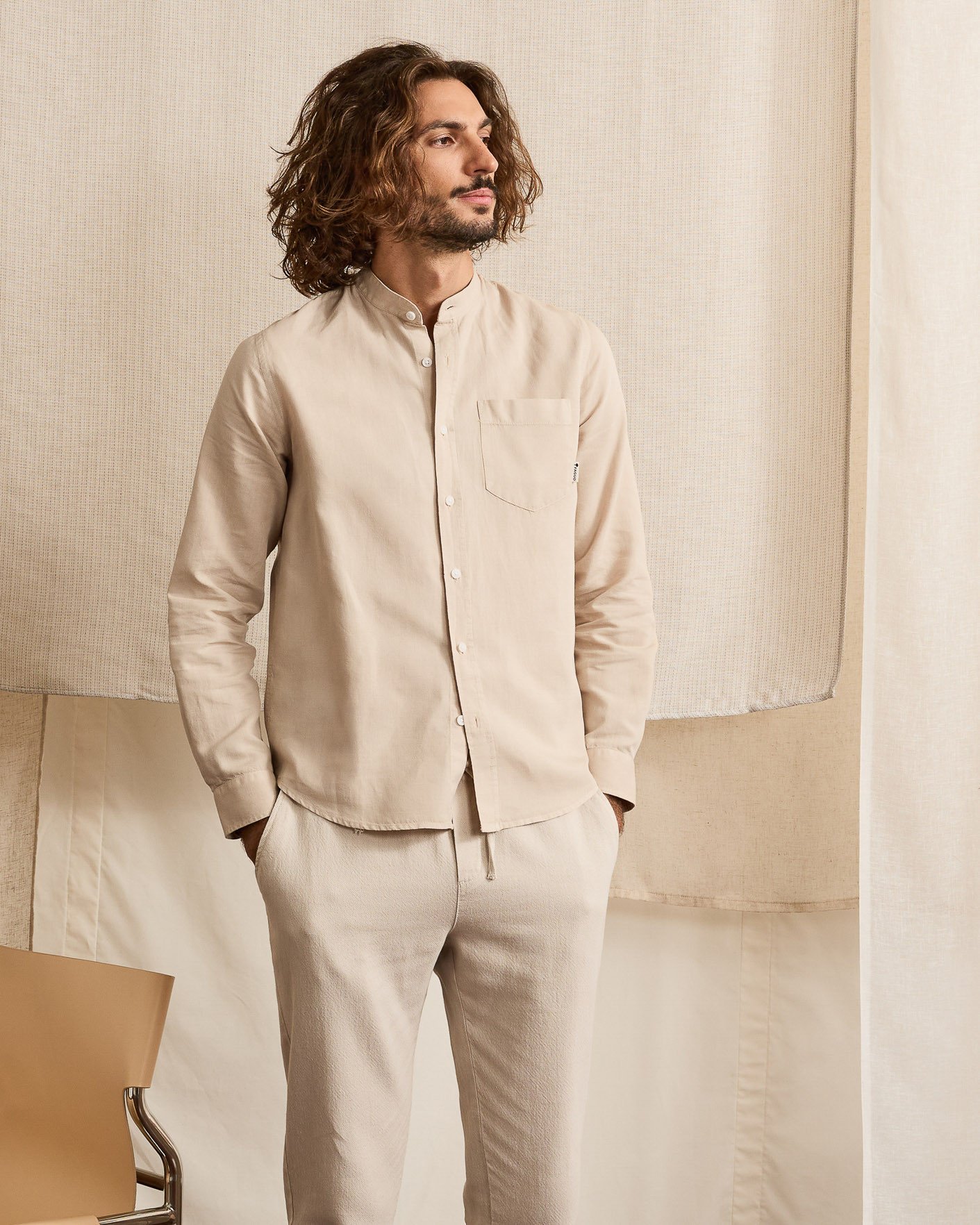 Chemise col officier écrue coton & lin - CHIAVARI