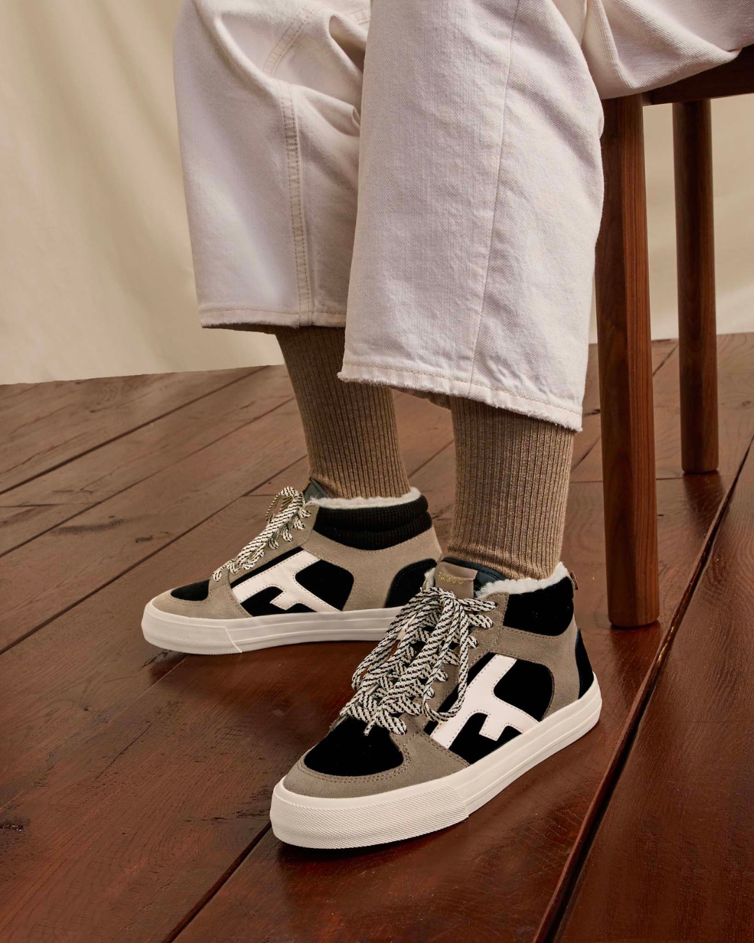 Baskets montantes noires & marron clair cuir - WALNUT MID